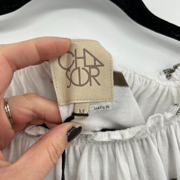 NWT CHASER White Olive Green Striped Off The Shoulder Bell Sleeve Top Medium - Picture 6 of 6